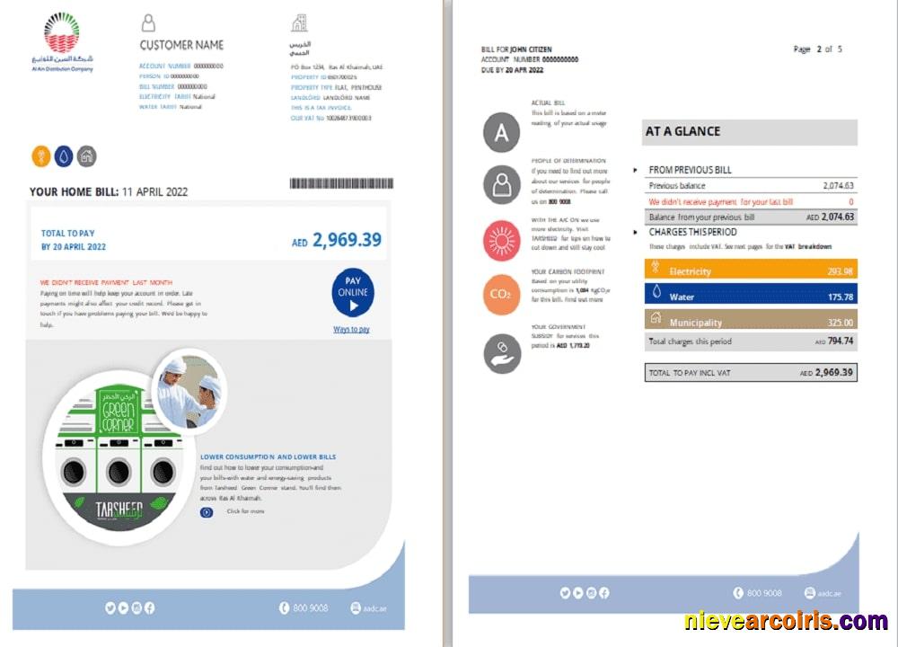 UAE Ras Al Khaimah Al Ain Distribution Co utility bill 5 pages 1 2